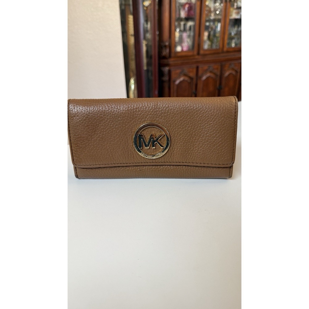 Michael Kors Fulton Carryall Wallet Brown Pebbled Leather Gold MK Logo